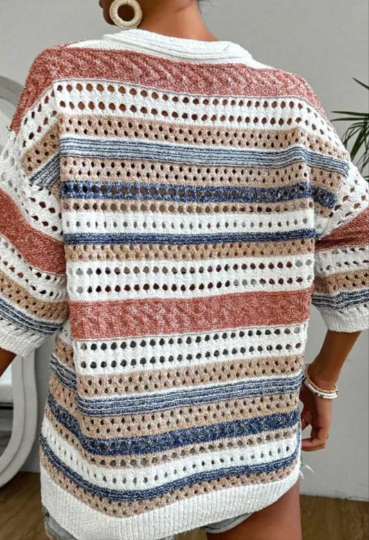 Multicolour Striped Hollow Out Half Sleeve Knitted Sweater