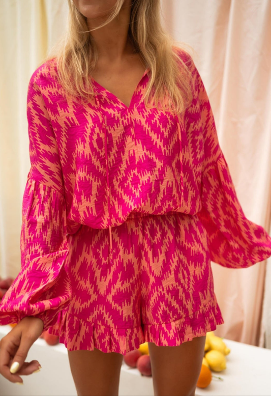 Rose Western Aztec Geometric Print Top and Ruffled Shorts Set