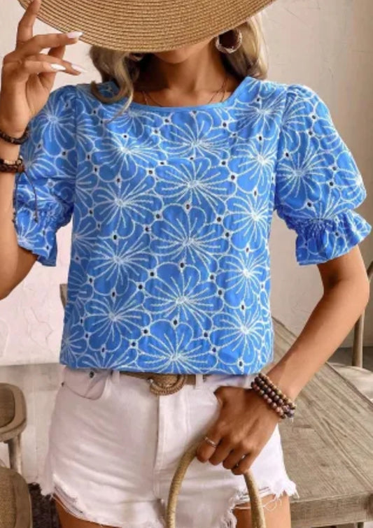 Sky Blue Eyelet Flower Embroidery Frilled Short Puff Sleeve Blouse