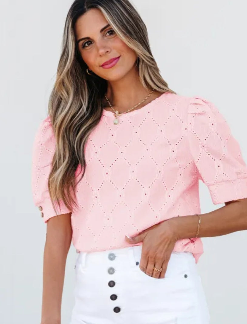 Pink Flower Geometric Textured Button Short Sleeve Top