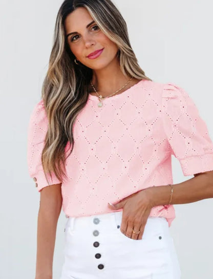 Pink Flower Geometric Textured Button Short Sleeve Top
