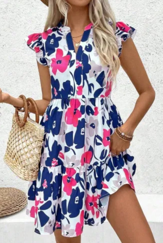 Fashion Floral Print Notched Neck Flutter Sleeve Mini Dress
