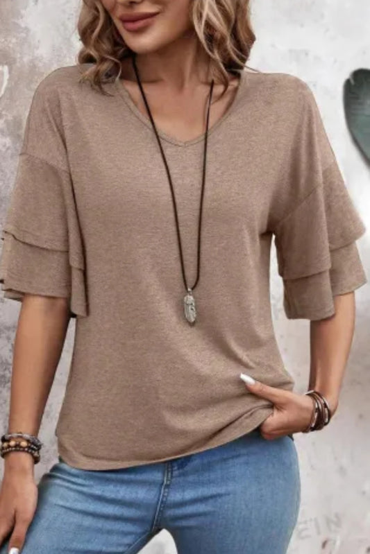 DUNE Solid Colour V-Neck Double Layer Sleeve Loose T-Shirt